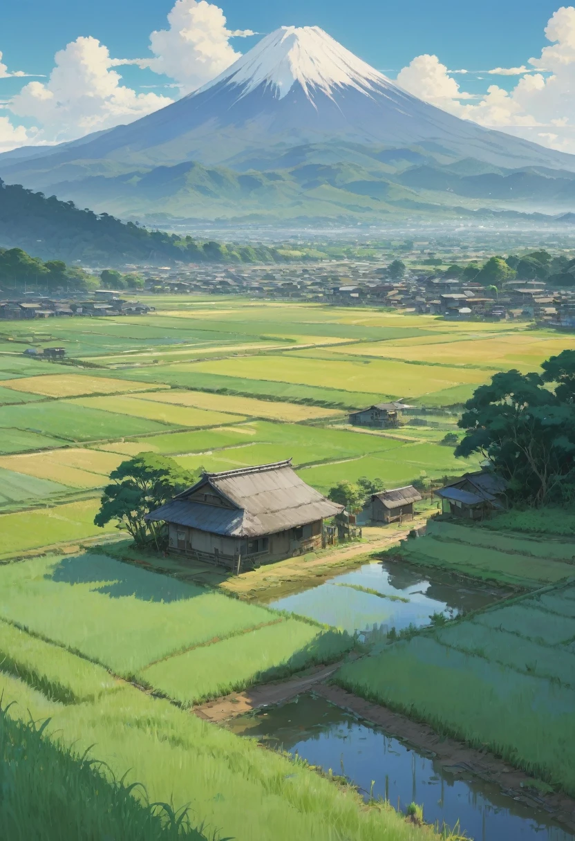 Paddy field, The style of Makoto Shinkai and Makoto Niitsu, Highest quality, masterpiece, Representative works, Official Art, Professional, Super intricate details, 8K、Fuji Mountain