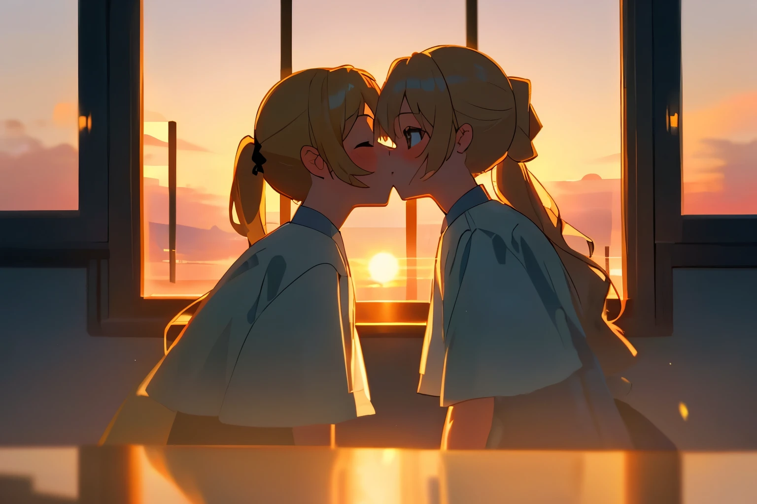 2 girls, twin girls staring at each other, from side, both blonde long pony tail, blue eyes, happy, (masterpiece), ((best quality)), (super detailed), (beautiful eyes beautiful details eyes, Clean and delicate face), sunset, window, cinematic lighting