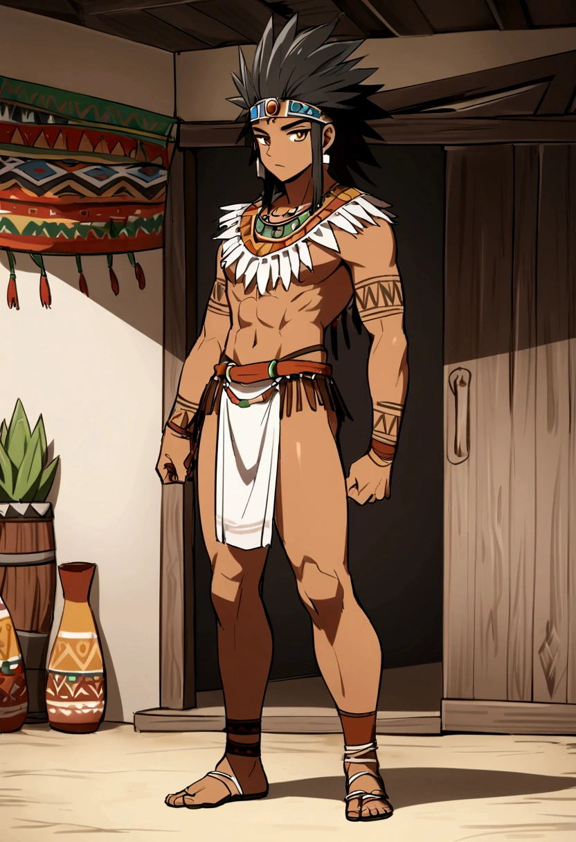 Highres, Stable Diffusion 3, 1boy, male, 25 years old male, black hair, full body, standing,, dark-skinned_male, tribal warrior, long loincloth, tribal clothes, mexican, aztec, aztec clothing, aztec tatoo,, black hair, golden eyes,