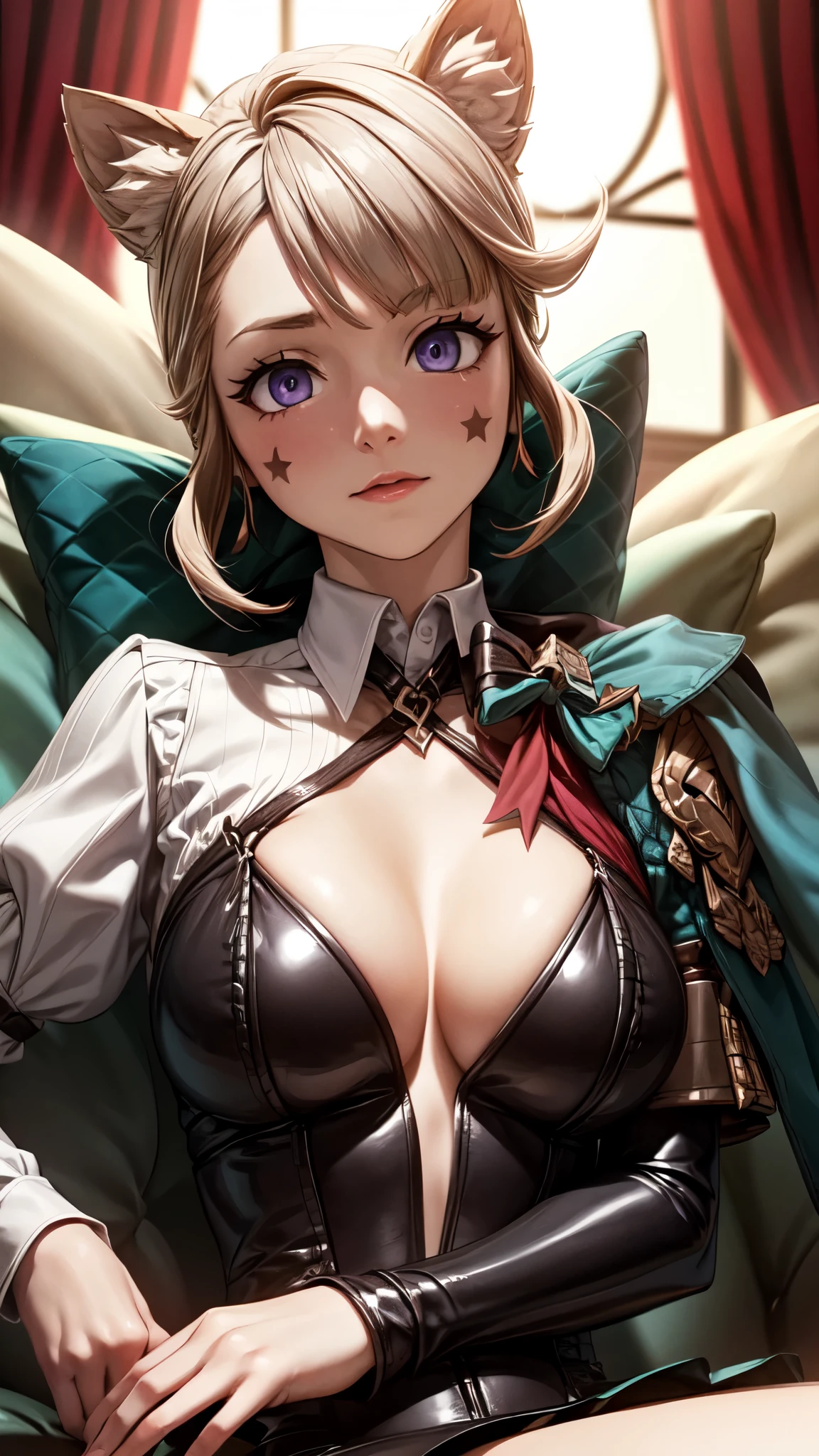lynette, small animal ear fluff, small animal ears, small cat ears, facial mark, hair bow, (purple eyes:1.1, brown hair, star, star on cheek),body 3:4,
Black leather tutu with big Cleavage,
BREAK big breast,
BREAK idle face, lying down on back,
BREAK (masterpiece:1.2), best quality, high resolution, unity 8k wallpaper, (illustration:0.8), (beautiful detailed eyes:1.6), extremely detailed face, perfect lighting, extremely detailed CG, (perfect hands, perfect anatomy),