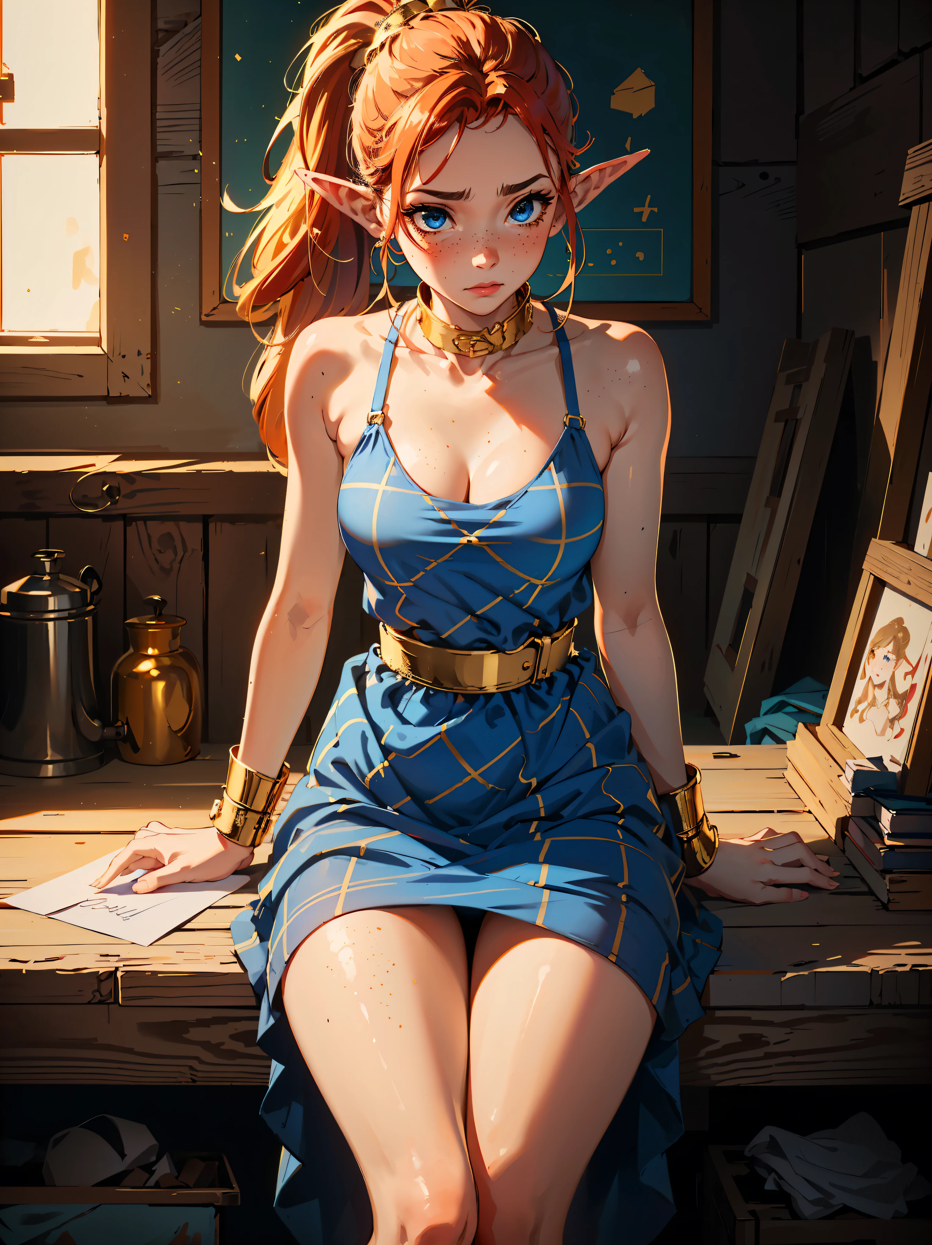 masterpiece, high quality, illustration, extremely detailed, cg unity 8k, NSFW, 1_woman, (sad), sitting, (upper body) (Caucasian skin_complexion:1.4), mature, statuesque, beautiful, exotic, ((freckles)), with long elf ears, frowning, (((looking down))), ((holding letter)), medium breast, (((gold neck slave collar))), thick golden cuffs, wearing (((long) blue plaid dress)), blue plaid sash, white tank top, cleavage, ((thigh gap)), bare_shoulders, (red hair), (((long ponytail))), detailed face having ((blue eyes), dark_eyeliner, long_eyelashes), inside rustic cabin bedroom,