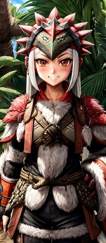 ((monsterhunter)), looking the viewer, solo, girl, shy, red cheek, bashful, embarrassed, smiling, happy, perfect face, muscular,  long hair, beautiful eye, upper body
