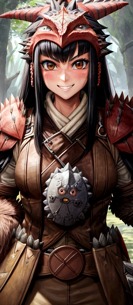 ((monsterhunter)), looking the viewer, solo, girl, shy, red cheek, bashful, embarrassed, smiling, happy, perfect face, muscular, long hair, beautiful eye, upper body