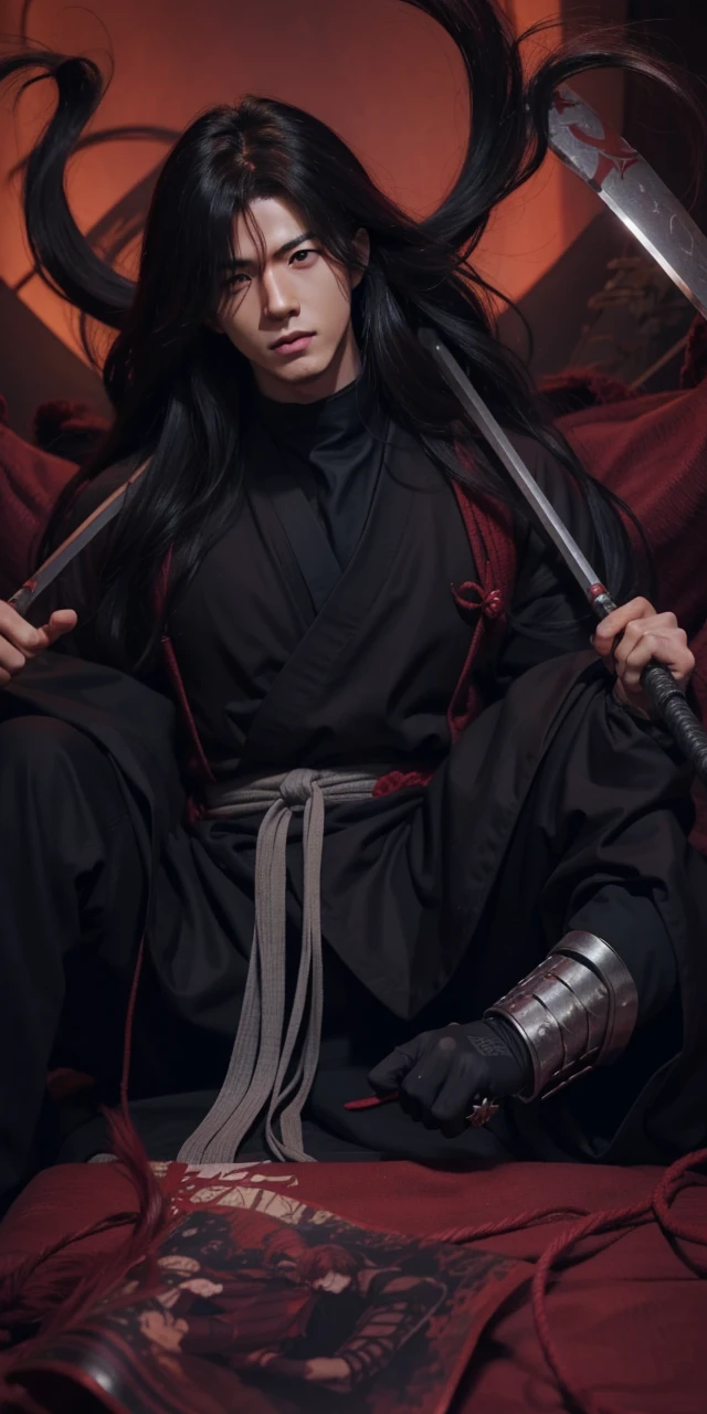 Real life adaption of this character,his name is Madara uchiha from anime Naruto,Korean adult handsome face,realistic long messy hair,realistic outfit with red iron armor like samurai,realistic light,realistic shadow,realistic background,(photorealistic:1.2)