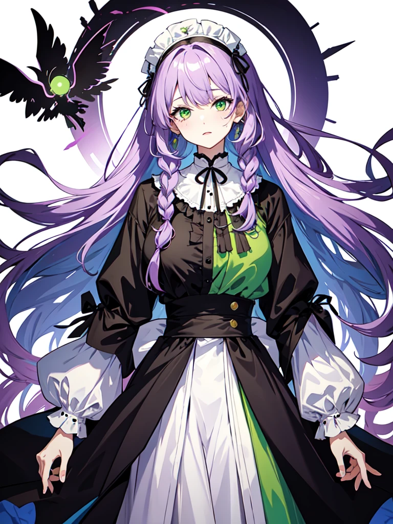 watercolor画, Dressed in maid uniform ,　Mature face,tall, Wearing black tights,Green Eyes,Updo, Braided Hair,　 The skin is hidden　and gradient hair, (Ink blotches:1.1), (pale:1.2),(Light purple:1.2),(Green/Black:1.2), I was wearing long pants,cool,Dressed in a black robe, Toned body, one big woman, Nervous,Cowboy Shot, sketch (Character design sheet, same characters, whole body, Three-View, front, ~ ~ ~ side, return),(Very bright:1.1), White Background, [1 Girl:7], (Tilt your head:1.2), ([sketch|watercolor \(Moderate\)]:1.15),Chaotic Abstract Background, Vector Trace, Gradient Blending, Bright colors, that&#39;wonderful, Very detailed, Complex, (Very low contrast:1.4）