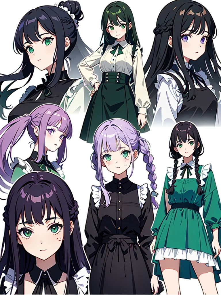 watercolor画, Dressed in maid uniform ,　Mature face,tall, Wearing black tights,Green Eyes,Updo, Braided Hair,　 The skin is hidden　and gradient hair, (Ink blotches:1.1), (pale:1.2),(Light purple:1.2),(Green/Black:1.2), I was wearing long pants,cool,Dressed in a black robe, Toned body, one big woman, Nervous,Cowboy Shot, sketch (Character design sheet, same characters, whole body, Three-View, front, ~ ~ ~ side, return),(Very bright:1.1), White Background, [1 Girl:7], (Tilt your head:1.2), ([sketch|watercolor \(Moderate\)]:1.15),Chaotic Abstract Background, Vector Trace, Gradient Blending, Bright colors, that&#39;wonderful, Very detailed, Complex, (Very low contrast:1.4）