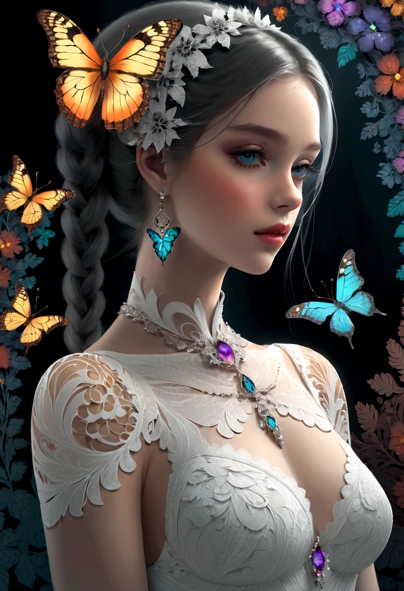 (masterpiece, Top quality, best quality, Official Art, beautiful and aesthetic:1.2), (1 Girl), Double tail, Extremely detailed,(Fractal Art:1.3),rich and colorful,The most detailed,Upper Body, [Lace],[Jewelry],[flower],[[Butterfly]],