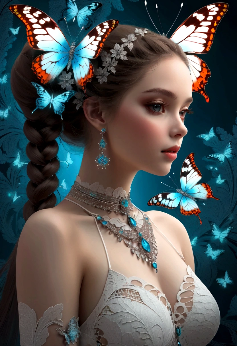 (masterpiece, Top quality, best quality, Official Art, beautiful and aesthetic:1.2), (1 Girl), twintails, Extremely detailed,(Fractal Art:1.3),rich and colorful,The most detailed,Upper Body, [Lace],[Jewelry],[flower],[Butterfly pattern background],
