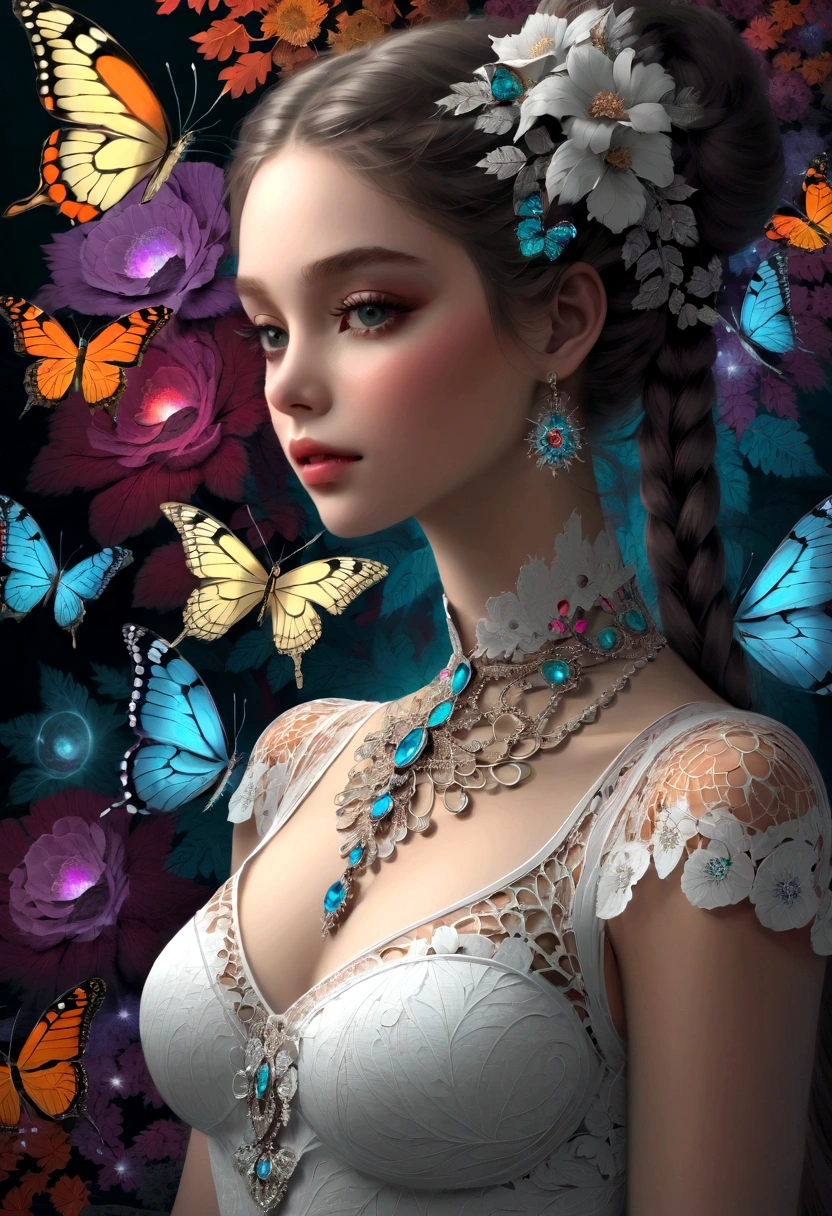 (masterpiece, Top quality, best quality, Official Art, beautiful and aesthetic:1.2), (1 Girl), twintails, Extremely detailed,(Fractal Art:1.3),rich and colorful,The most detailed,Upper Body, [Lace],[Jewelry],[flower],[Butterfly pattern background],