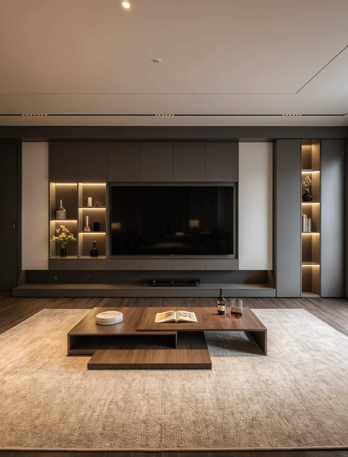 Raw photo,Masterpiece, high quality, best quality, authentic, super detail, interior , sunset, daylight, living room style Modern luxury, TV cabinet, TV, decorative cabinet, books, flower vases, bottles, tea table, tray, wine bottle, open book, carpet, wooden floor, curve, ((black tones))