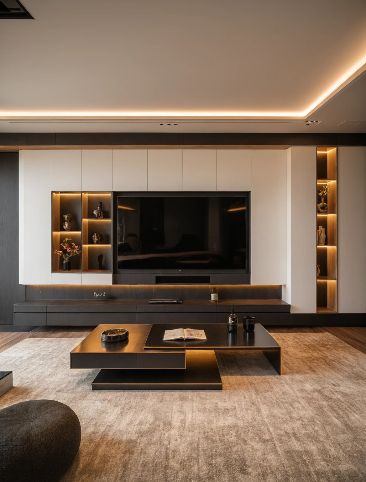 Raw photo,Masterpiece, high quality, best quality, authentic, super detail, interior , sunset, daylight, living room style Modern luxury, TV cabinet, TV, decorative cabinet, books, flower vases, bottles, tea table, tray, wine bottle, open book, carpet, wooden floor, curve, ((black tones))