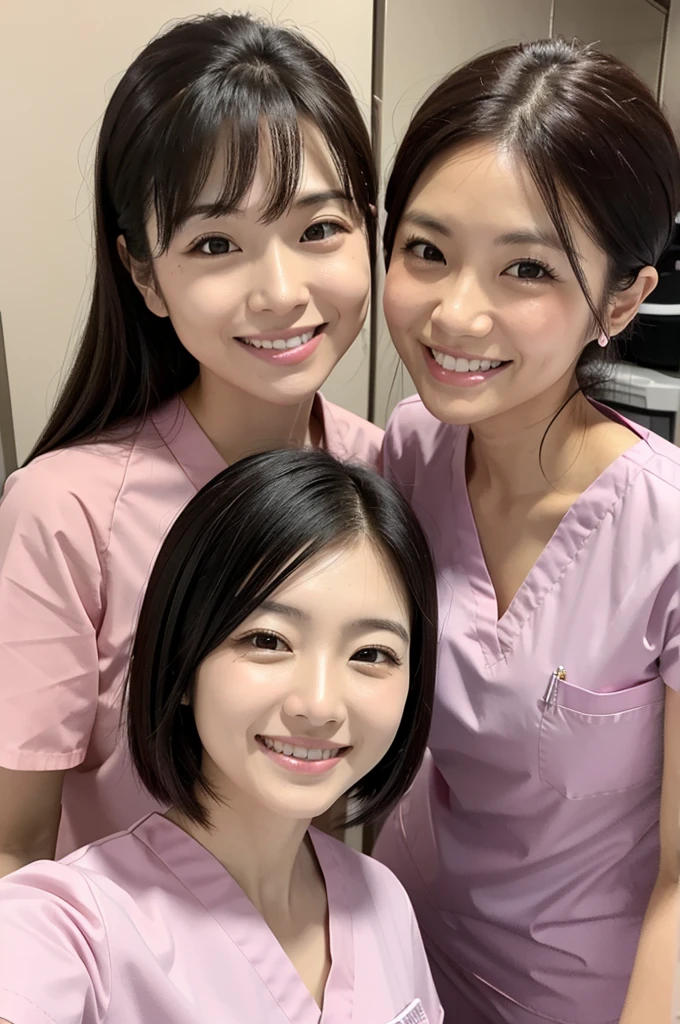 Dental hygienist, only two women Side by side, smiling, wearing pink medical scrubs Pink short sleeves, cute, Japanese, black hair, early 20s female Upper body close-up high resolution Highest quality Don't press your face too much