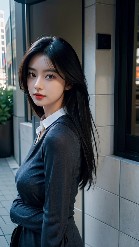 one girl,Beutiful women, In the city,During the day,Office casual clothes,Long Hair,Black hair color