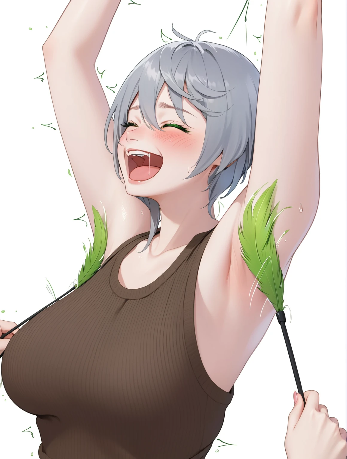 an extremely delicate and beautiful girls with her arms up,(laughing:1.4),(big mouth:1.1),open mouth,happy,(frown:1.3),(pain face),crazy smile,blush,sweat,(green feathers),(her armpits tickling with green feathers),Green feathers stuck into the girl's armpits,((trembling)),crying,drooling,(((masterpiece))), (((best quality))), (official art), ((extremely detailed CG unity 8k wallpaper)), (Best character details), ((ultra-detailed)), (illustration), (dynamic angle),