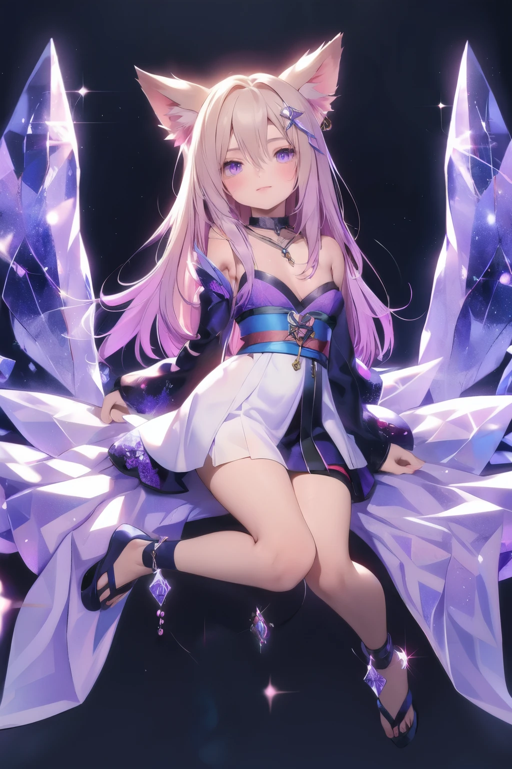 detailed eyes, detailed hands, full body image, humanoid kitsune, crystal crown, kimono clothing, light purple hair, light purple fox ears, crystal fox tails, crystallize fox tails, crystal marking