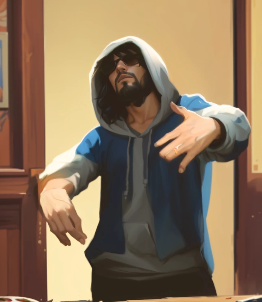 there is a man in a hoodie standing in front of a table, dabbing, realistic artstyle, stylized painting, point-and-click adventure game, unknown artstyle, art in the style of joshy sly, stylised painting, in a hoodie, keanu reevez in disco elysium, art masterpice, disco elysium style!!!