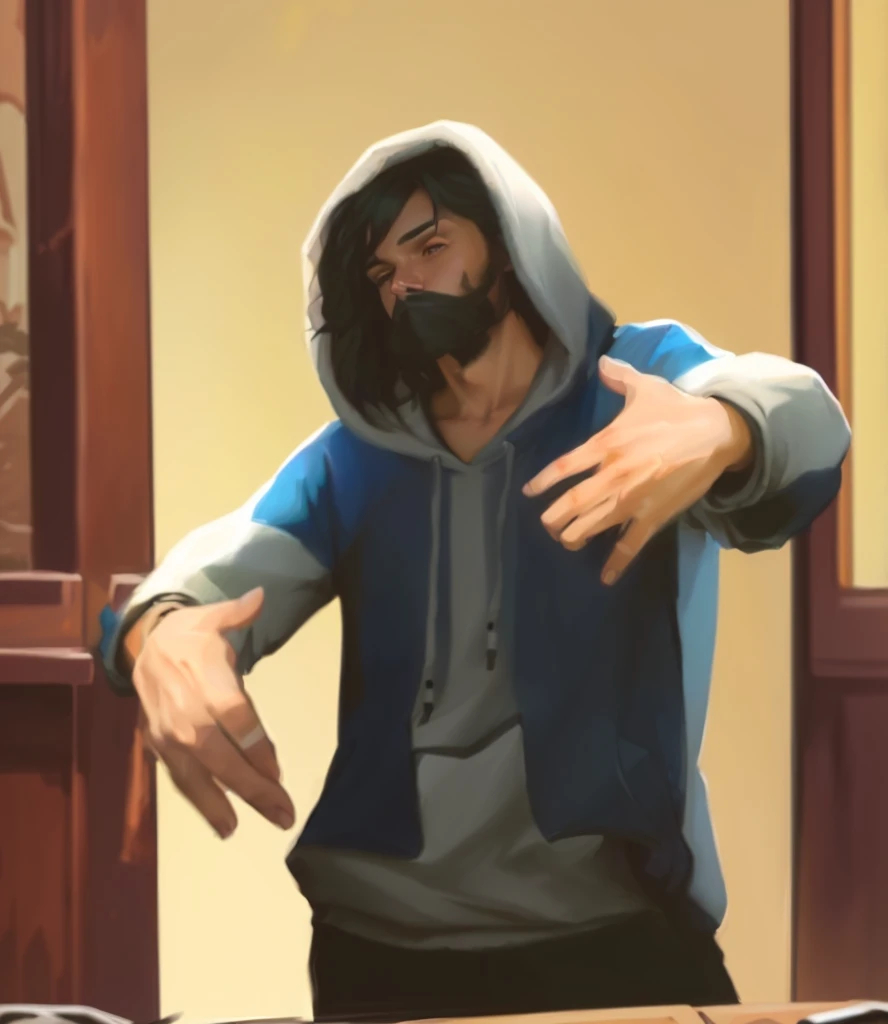 there is a man in a hoodie standing in front of a table, dabbing, realistic artstyle, stylized painting, point-and-click adventure game, unknown artstyle, art in the style of joshy sly, stylised painting, in a hoodie, keanu reevez in disco elysium, art masterpice, disco elysium style!!!