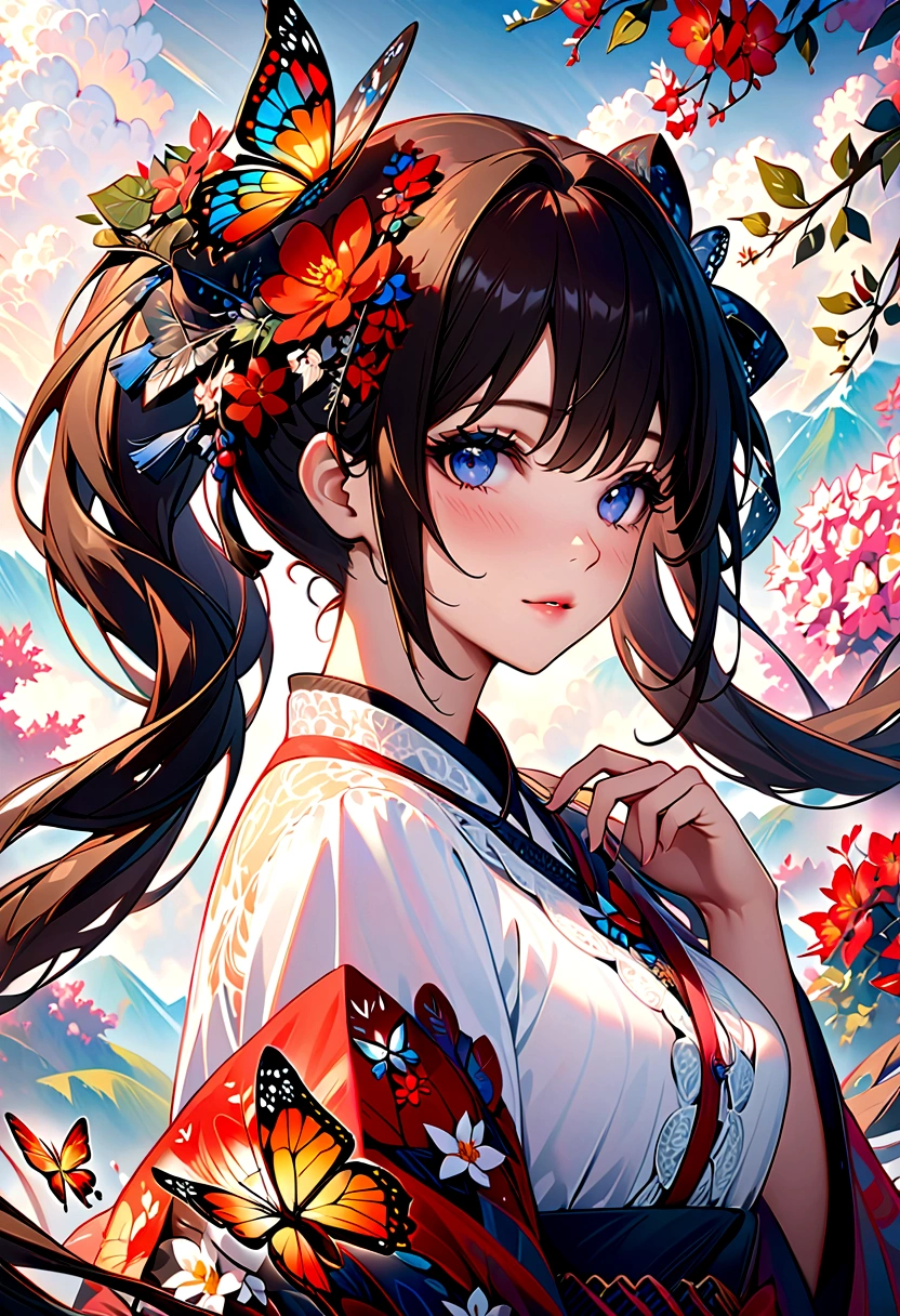 (masterpiece, Top quality, best quality, Official Art, beautiful and aesthetic:1.2), (1 Girl), twintails, Extremely detailed,(Fractal Art:1.3),rich and colorful,The most detailed,Upper Body, [Lace],[Jewelry],[flower],[Butterfly pattern background],