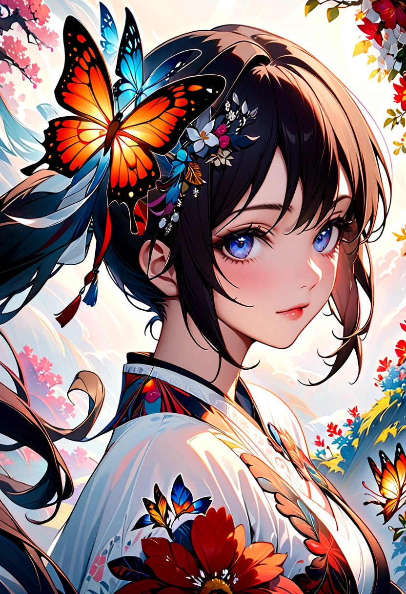 (masterpiece, Top quality, best quality, Official Art, beautiful and aesthetic:1.2), (1 Girl), twintails, Extremely detailed,(Fractal Art:1.3),rich and colorful,The most detailed,Upper Body, [Lace],[Jewelry],[flower],[Butterfly pattern background],