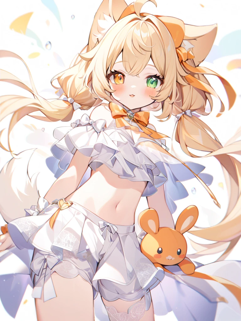 1girl, animal ears, bangs, bare shoulders, blonde hair, blush, bow, breasts, white cleavage, cropped torso, , green eyes, hair ribbon, heterochromia,  stlooking at viewer, open mouth, orange bow, orange eyes, orange ribbon, ears like an unearthly animal, fluffy tail, light tail, real tail, ribbon, solo, stuffed animal, stuffed bunny, stuffed toy, twintails, upper body, full-length, white legbands, white shoes with lace and white bows, white background, wrist cuffs, yellow eyes, bloomers, close-up, fair skin frills, lace, midriff, skirt, solo, , white background,shorts, white top with ribbon and lace and trousers,trousers, genshin,white slippers with a bow,All clothes are white, laceAt full height, it stands, в полный рост,One tail, fluffyclothes like queens in Egypt, namely a white transparent cape on the mouth, white transparent ribbons hanging from the wrist , 1girl, :3, 