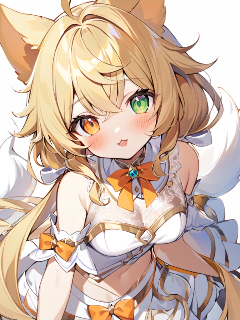 1girl, animal ears, bangs, bare shoulders, blonde hair, blush, bow, breasts, white cleavage, cropped torso, , green eyes, hair ribbon, heterochromia,  stlooking at viewer, open mouth, orange bow, orange eyes, orange ribbon, ears like an unearthly animal, fluffy tail, light tail, real tail, ribbon, solo, stuffed animal, stuffed bunny, stuffed toy, twintails, upper body, full-length, white legbands, white shoes with lace and white bows, white background, wrist cuffs, yellow eyes, bloomers, close-up, fair skin frills, lace, midriff, skirt, solo, , white background,shorts, white top with ribbon and lace and trousers,trousers, genshin,white slippers with a bow,All clothes are white, laceAt full height, it stands, в полный рост,One tail, fluffyclothes like queens in Egypt, namely a white transparent cape on the mouth, white transparent ribbons hanging from the wrist , 1girl, :3, 