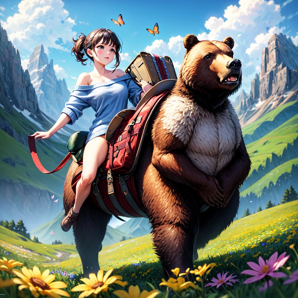 ((best quality)), ((masterpiece)), (detailed), 1girl, off-shoulder sweater, a big riding bear in heavy armor and a saddle loaded with hiking bags walks through a flower meadow over which butterflies flutter against the backdrop of high mountains,