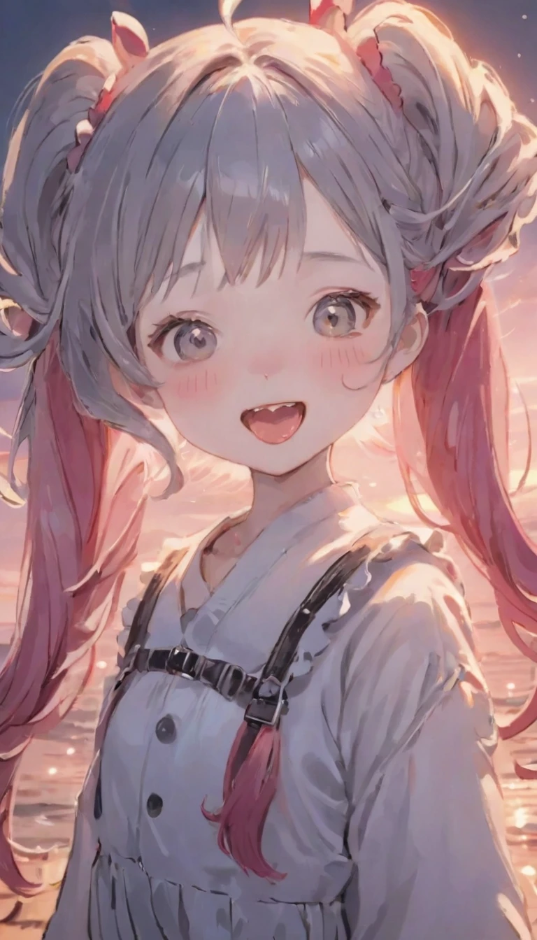 Highest quality、masterpiece、One Girl、12 years old、White skin、Wicked Smile:0.8、Open your mouth、(Sticking out tongue)、Pink Hair。Twin tails、Hair Clip、big hair clip、Cute Hair Clips、Gray eyes、Little red cheeks and nose、BREAK、Happy, Warm and soft lighting, sunset, (spark:0.7)