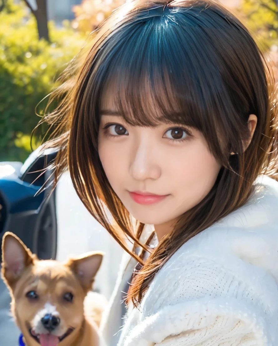 Super delicate dog expression、Being with a dog、A girl and a dog warming themselves by a bonfire、Lens flare、Hair blowing in the wind、Medium Short Hair、、Expressing the whiteness of one&#39;s breath、Photo from the waist up、Night city illumination shot、Cowgirl Shot、Fur coat、豪華なグレーのミンクのFur coat、Wear fine leather boots、Luxury Bags、Inner turtleneck、Silver necklace and small silver earrings Millionaire style:1.4））、Full body photo、smile、 Caustics、Highly detailed photos、Very beautiful woman 、Ample breasts、No makeup、(8K、RAW Photos、Highest quality、masterpiece:1.2)、(Realistic、Realistic)、1 Girl、((Medium Short Hair、Midwinter、Cold region Snow falling、The wind is blowing、Fluttering Hair、Blur the background、Colorful illuminations、Looking into the camera:1.4))、
