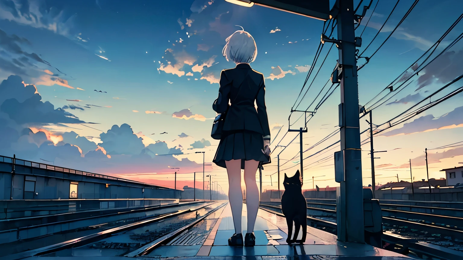 (Top quality, masterpiece),(A girl and a black cat, standing on a train platform, full body, uniform, short hair, white hair, facing away), (Summer sky, empty platform, cumulonimbus cloud, sea, blue sky, street lamp),(Lo-fi art style)