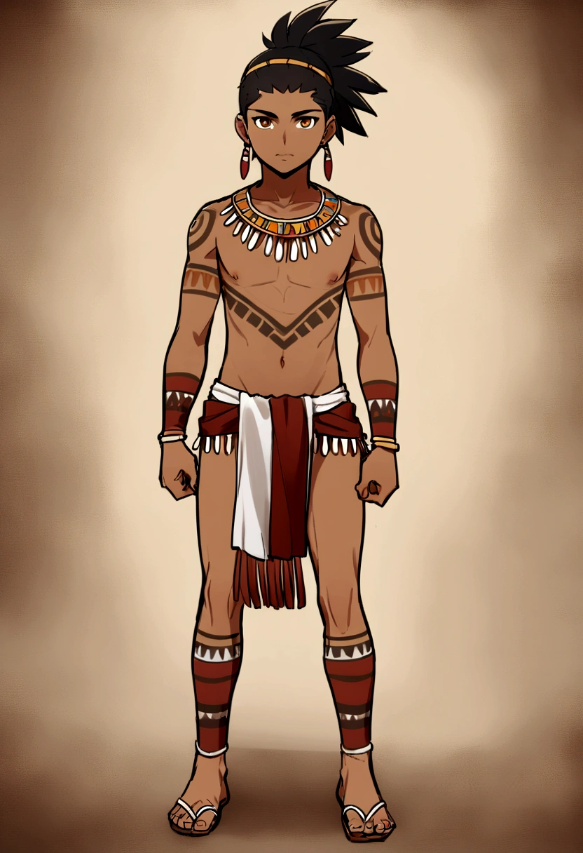 Highres, Stable Diffusion 3, 1boy, male, 15 years old male, black hair, full body, standing,, dark-skinned_male, tribal warrior, long loincloth, tribal clothes, Ichcahuipilli, mexican,  aztec, aztec clothing, aztec tatoo,, black hair, golden eyes,
