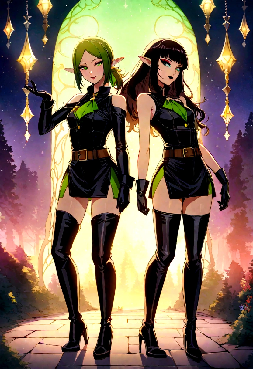 full body picture, anime style, female sexy elf ranger in fantasy forest, beautiful raven-haired elf woman, round hips, slender waist and shoulders, small perky chest, green double slit ranger uniform mini-dress with upper part bodice-style shoulderless, same length double slits on dress, thigh-high black belted leather stiletto high heeled belted boots, stiletto thigh-high leather high-heeled belted boots, leather gloves, green bandana tied over hair, brown belt on waist, long raven colored hair, green eyes, sultry smile, dark lips, dark lipstick, black eyeshadow, extreme detail description,professional,vivid colors,Natural and vibrant colors with a dreamy atmosphere,