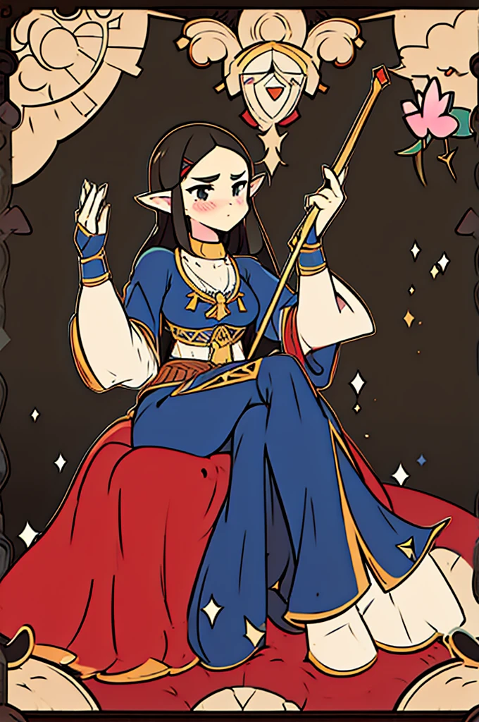 Fairy with pointed ears and semi-long, wavy black hair, who appears to be 26 years old with a rather mature appearance and the medieval clothing of an adventurer who is sitting, very embarrassed and blushing 