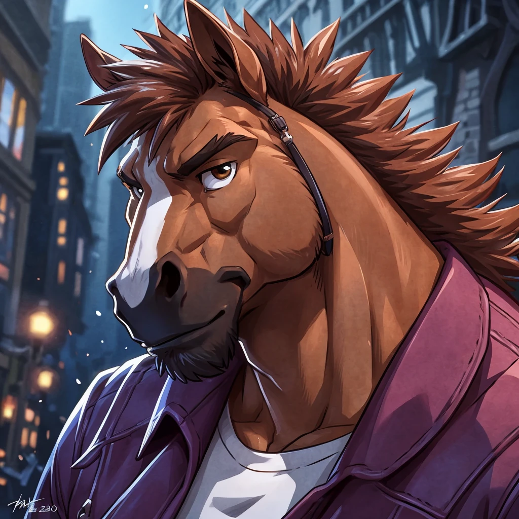 anthro horse, ((horse)) 4k, high resolution, best quality, posted on e621, solo, anthro body, male, adult, masculine, , correct anatomy, (icon), (blurry background, out-of-focus background:1.2), (by takemoto arashi:1.0), (by wfa:1), (by Taran Fiddler:0.5), young, (cel shaded, cartoony shading:1.2), black lineart, black outline, flat coloring, (strong shadows, dark shadows:1.2), dynamic pose, portrait, close up to face,