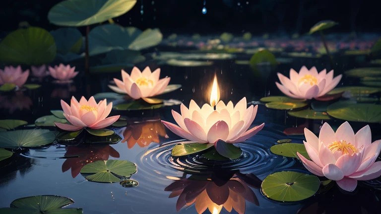 Candles and flowers floating in a puddle with water droplets, 🌺 society, beautiful depiction, beautiful illustration, Jan J, Water Lily Mechanism Fair, beautiful digital illustration, Ross Tran. Landscape Background, water lily, beautiful digital painting, by Nie Tian, Lotus flower, with Lotus flower, beautiful artist rendering, beautiful!!! Digital Art