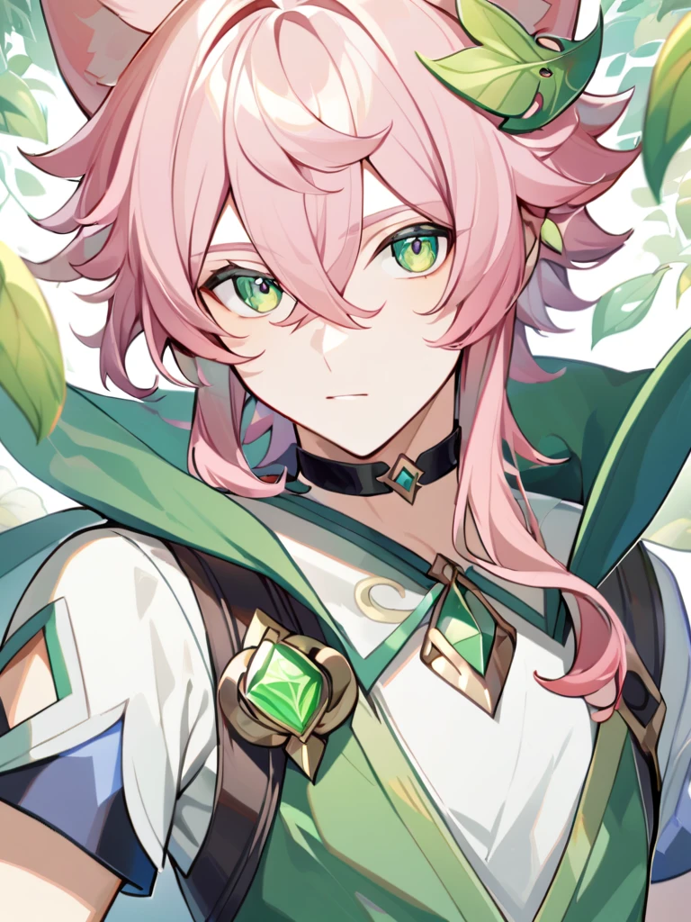 1boy, bangs, choker, gem, green cape, green eyes, green gemstone, hair between eyes, leaf, leaf hair ornament, long hair, looking at viewer, male focus, , pink hair, shirt, short sleeves, solo, upper body,ears , separate green ears, genshin clothes, funny guy , in full growth 