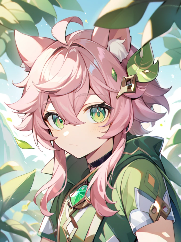 1boy, bangs, choker, gem, green cape, green eyes, green gemstone, hair between eyes, leaf, leaf hair ornament, long hair, looking at viewer, male focus, , pink hair, shirt, short sleeves, solo, upper body,ears , separate green ears, genshin clothes, funny guy , in full growth 