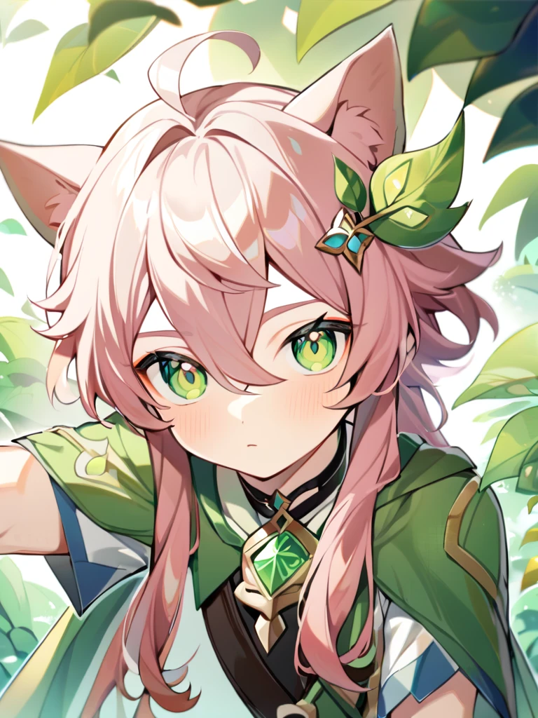 1boy, bangs, choker, gem, green cape, green eyes, green gemstone, hair between eyes, leaf, leaf hair ornament, long hair, looking at viewer, male focus, , pink hair, shirt, short sleeves, solo, upper body,ears , separate green ears, genshin clothes, funny guy , in full growth ,redness, moaning, erotic face, on the bed, sweat,