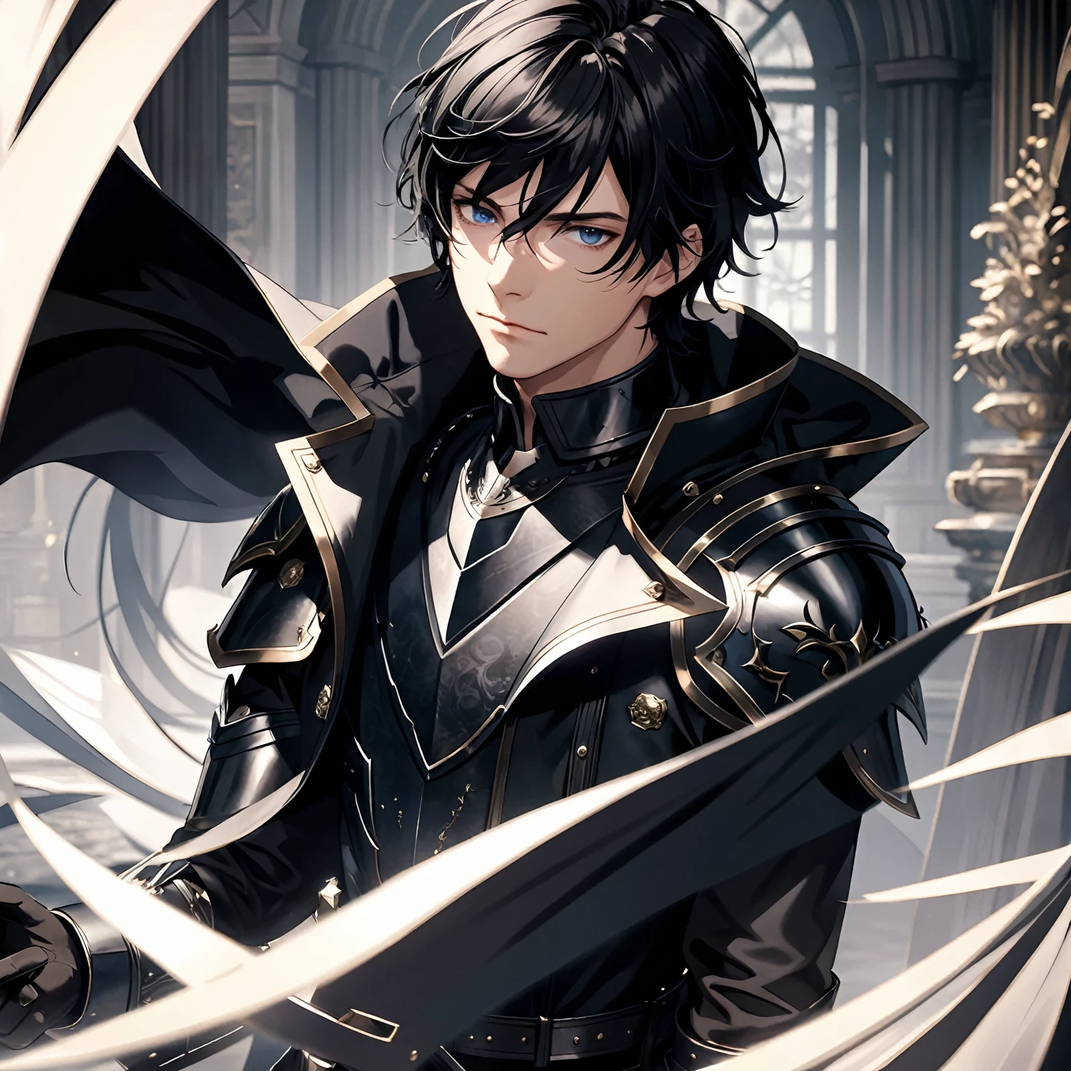 masterpiece, best quality, 1man, adult, male focus, solo, medium hair, black hair,, looking at viewer, cape, High quality metal texture, overcoat, closed mouth, upper body, bangs, high collar,(kbxll:0.6), Fantasy aesthetics, Highly detailed, shadowverse style, armored gloves, metallic gloves, black armor