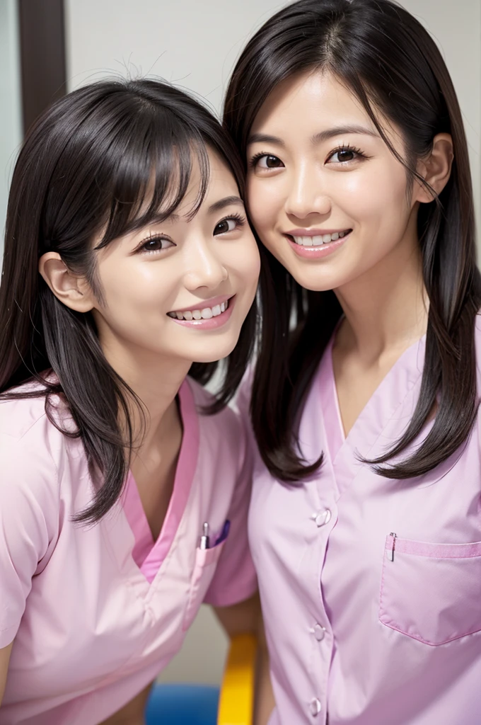 Dental hygienist, only two women　Side by side, smiling, wearing pink medical scrubs　 Pink short sleeves, cute, Japanese, black hair, early 20s female　Upper body close-up　high resolution　Highest quality　　Don&#39;t press your face too much