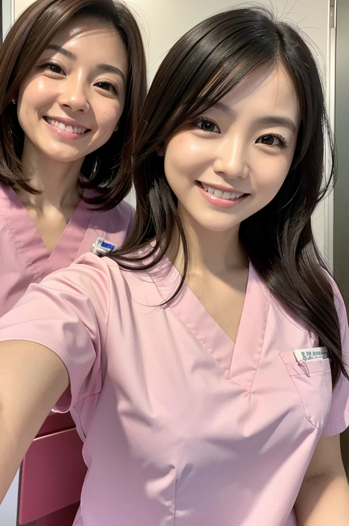 Dental hygienist, only two women　Side by side, smiling, wearing pink medical scrubs　 Pink short sleeves, cute, Japanese, black hair, early 20s female　Upper body close-up　high resolution　Highest quality　　Don&#39;t press your face too much