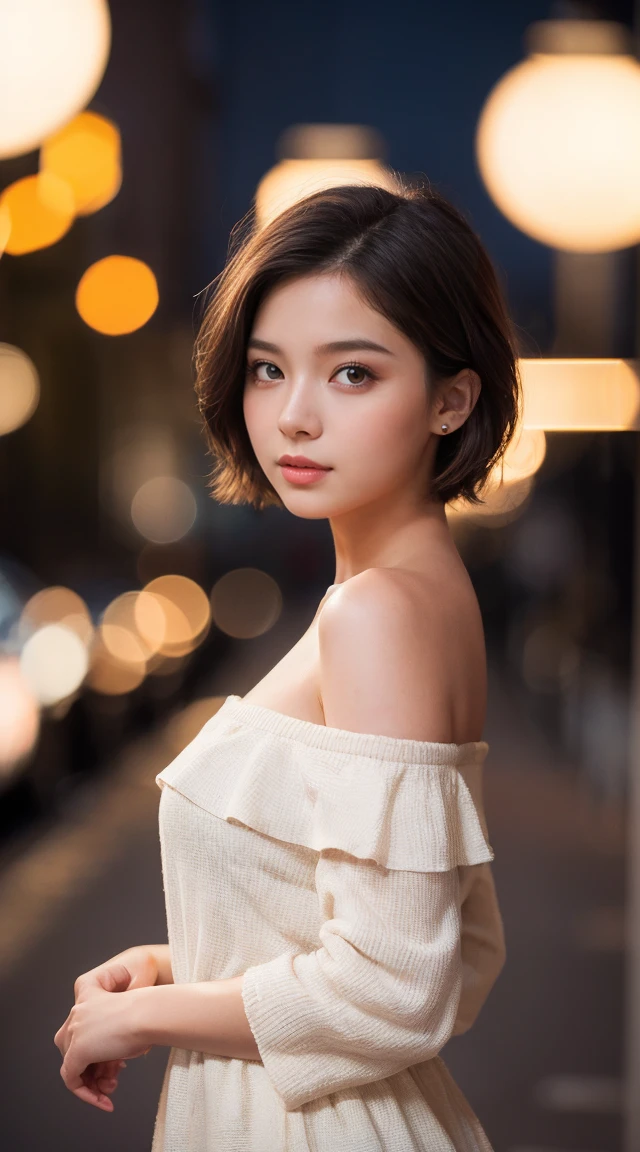 Random Pause, Mix 4, (8k, RAW Photos, Highest quality, masterpiece: 1.2), (Realistic, photoRealistic: 1.37), 30-year-old woman, cute, Wear a dress, Cityscape, night, rain, Wet, Professional Lighting, Photon Mapping, Radio City, Physically Based Rendering, Gradient brunette hair, Short Curly Hair, Heavy makeup, good looking, Girlish, Excellent image quality, High resolution, 1080P, (Clear Face), (Detailed facial depiction), (Detailed hand description), (masterpiece), (Exquisite CGI), Extreme light and shadow, Disheveled Hair, masterpiece, Rich details, (Exquisite facial features), (Best image quality), (masterpiece), (Eye on the details), My eyes are excited, Delicate clavicle