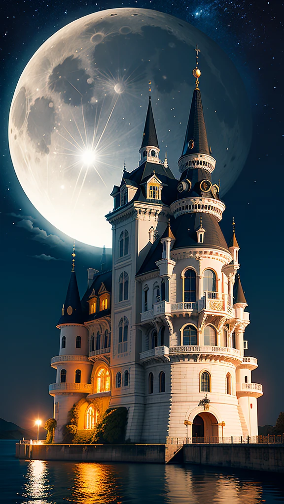 Sextant, Humanity, moon, Sky, night, full moon, cloud, station,train, outdoor, landscape, night Sky, water, cloud,Sky, architecture, Sky Palace Castle