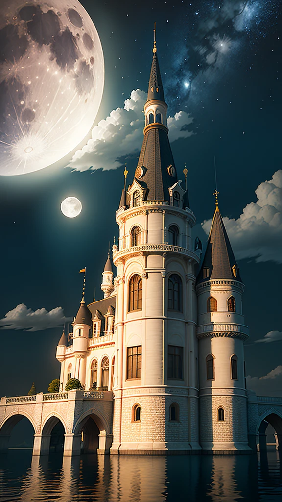 Sextant, Humanity, moon, Sky, night, full moon, cloud, station,train, outdoor, landscape, night Sky, water, cloud,Sky, architecture, Sky Palace Castle
