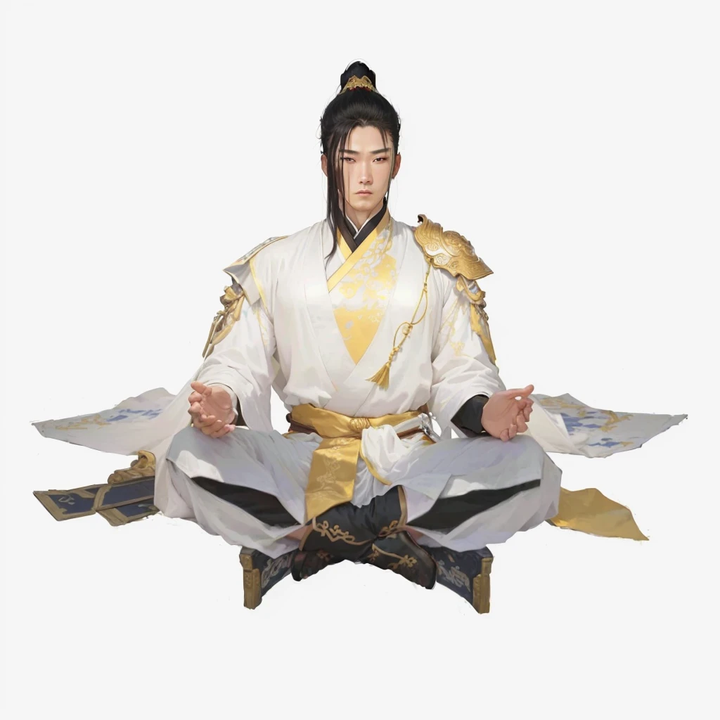 arafed image of a man in a white robe sitting on a chair, heise jinyao, zhao yun, xianxia hero, full body wuxia, t-pose of male magic wizard, inspired by Dong Yuan, inspired by Zhao Mengfu, white daoist robes, inspired by Guan Daosheng，(Masterpiece:1.4), (best quality:1.2), 1boy, male focus, chinese clothes, ponytail, hair ornament