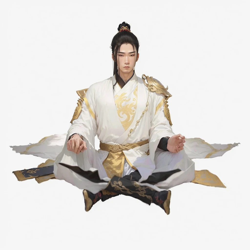 arafed image of a man in a white robe sitting on a chair, heise jinyao, zhao yun, xianxia hero, full body wuxia, t-pose of male magic wizard, inspired by Dong Yuan, inspired by Zhao Mengfu, white daoist robes, inspired by Guan Daosheng,(Masterpiece:1.4), (best quality:1.2), 1boy, male focus, chinese clothes, ponytail, hair ornament