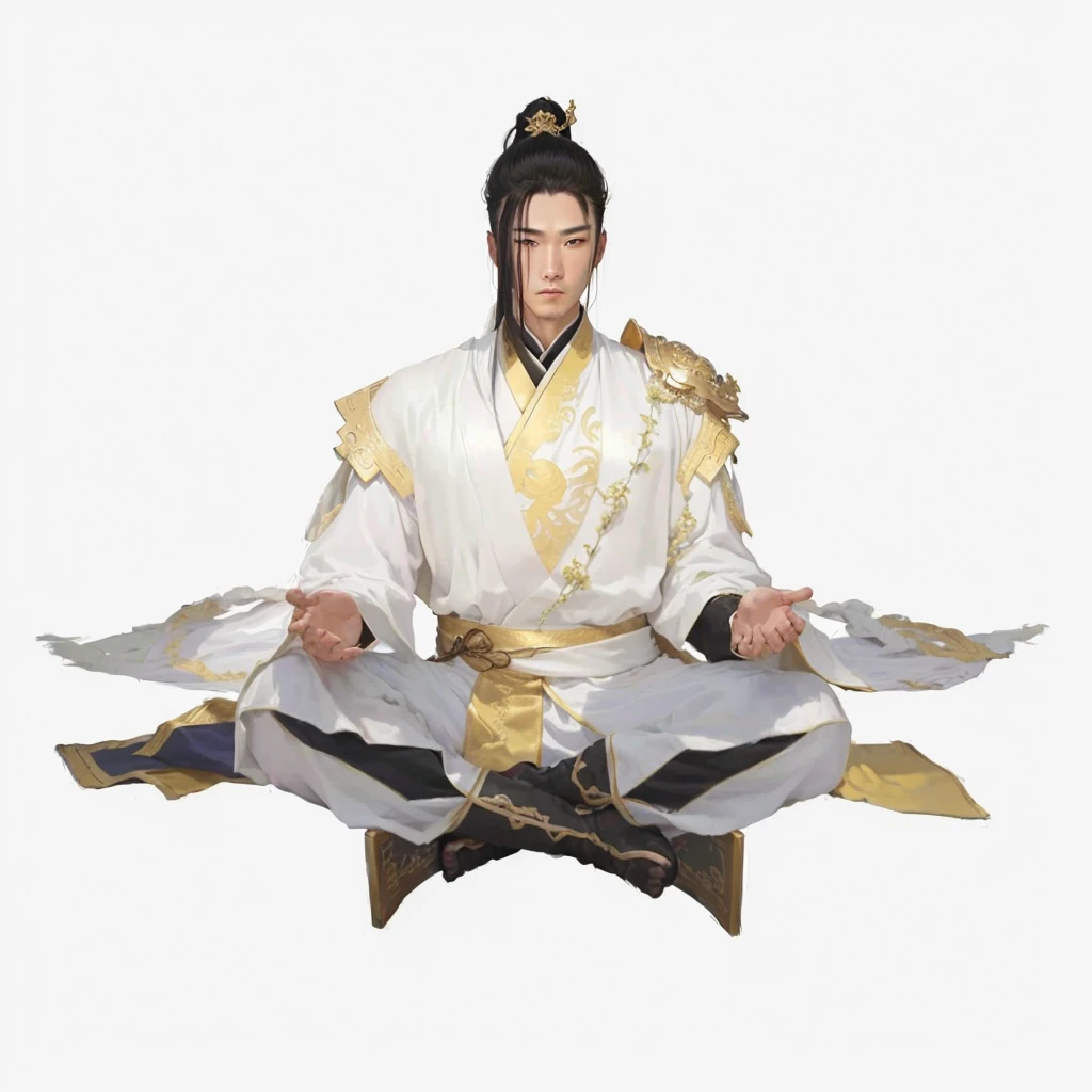 arafed image of a man in a white robe sitting on a chair, heise jinyao, zhao yun, xianxia hero, full body wuxia, t-pose of male magic wizard, inspired by Dong Yuan, inspired by Zhao Mengfu, white daoist robes, inspired by Guan Daosheng,(Masterpiece:1.4), (best quality:1.2), 1boy, male focus, chinese clothes, ponytail, hair ornament