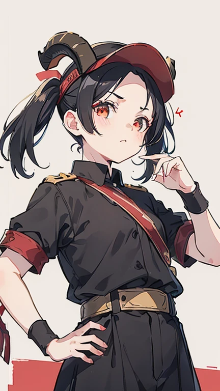 Girl, flat chest, tomboy, short black hair, has ram horns, forehead exposed, black and red military clothes, general visor cap, red armband.