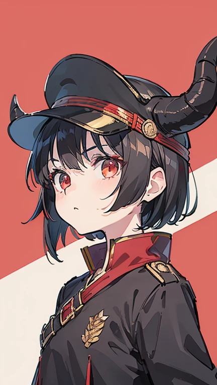 Girl, flat chest, short black hair, has ram horns, forehead exposed, black and red military clothes, general visor cap, red armband.