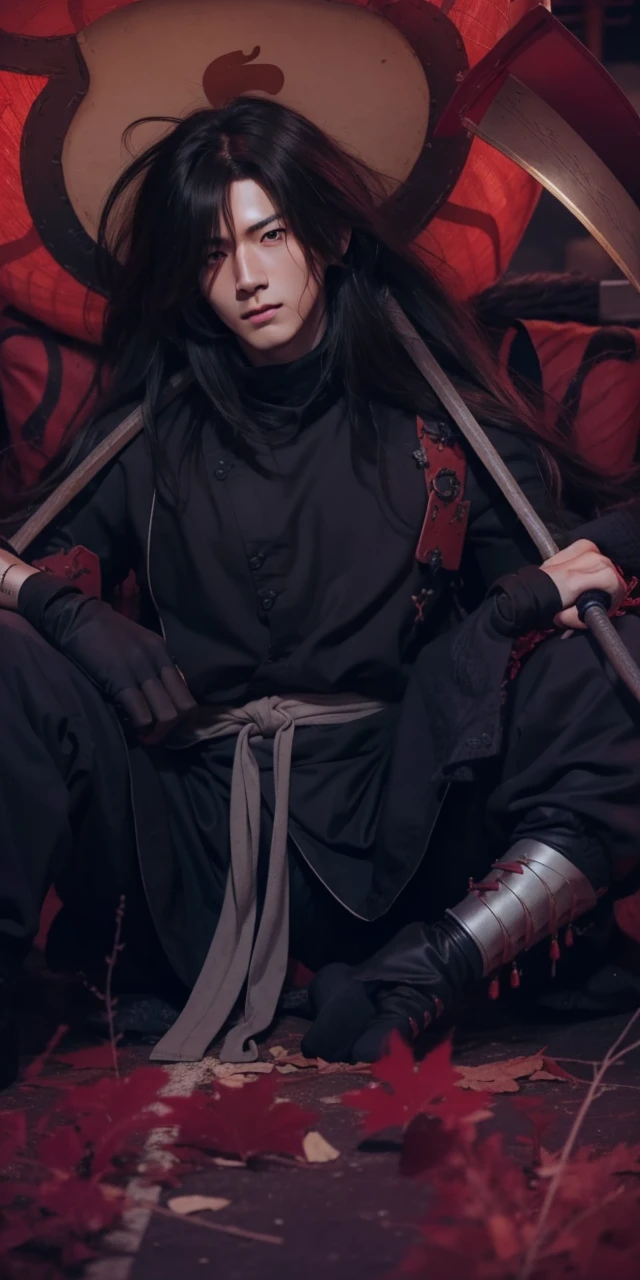 Real life adaption of this character,his name is Madara uchiha from anime Naruto,Korean adult handsome face,realistic long messy hair,realistic outfit with red iron armor like samurai,realistic light,realistic shadow,realistic background,(photorealistic:1.2)