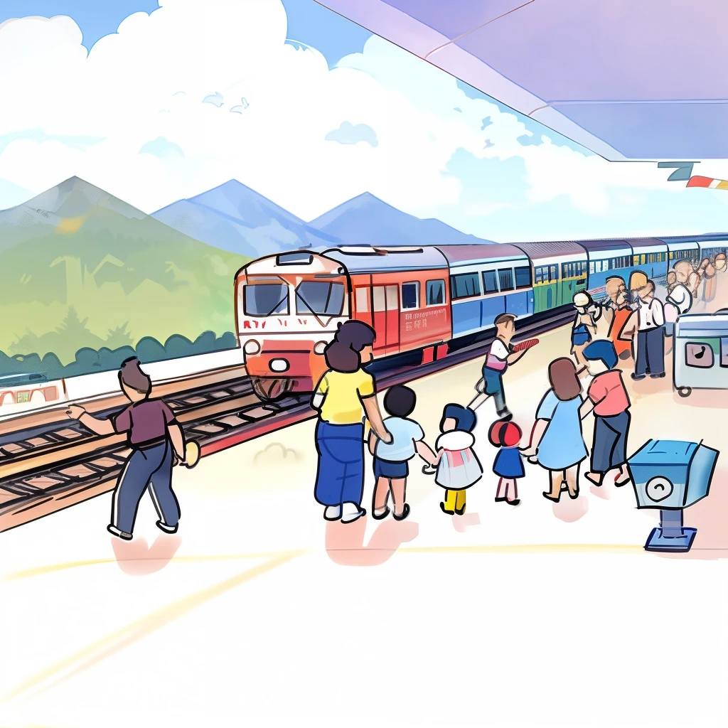 score_9,Cartoon illustration of a rural train station. A red and yellow train is arriving at the platform. Several passengers, including families with , are waiting on the platform. A railway employee is waving a signal flag. The background shows mountains and a sky with large fluffy clouds. The atmosphere is warm and lively, with vibrant colors.
